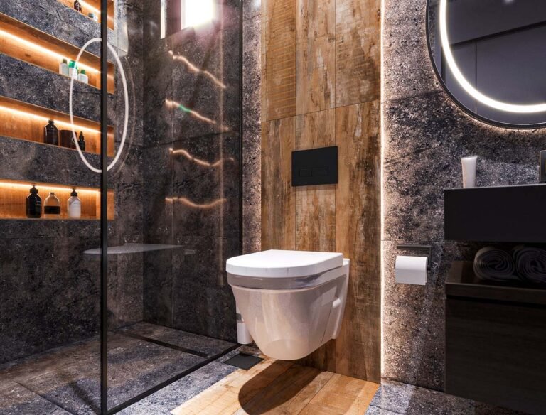 toilet in the hotel, toilet, Gray bathroom interior, shower and